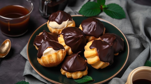 Un plato de bollos de chocolate con una hoja de menta al lado