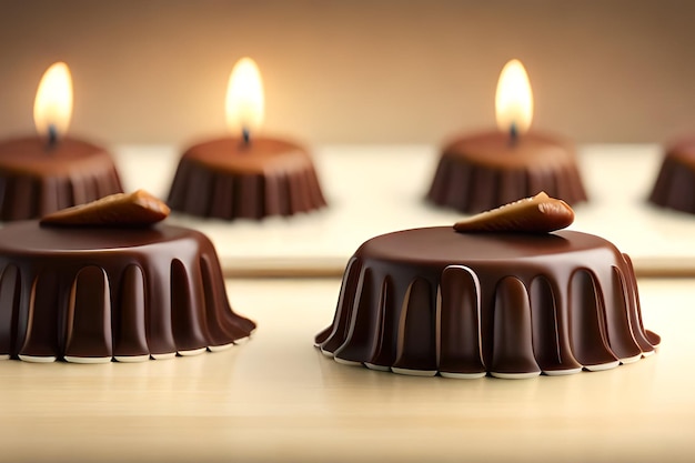 Un plato de bombones con una vela encendida al fondo