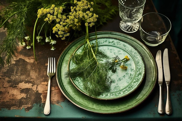 un plato con un borde verde y un tenedor encima