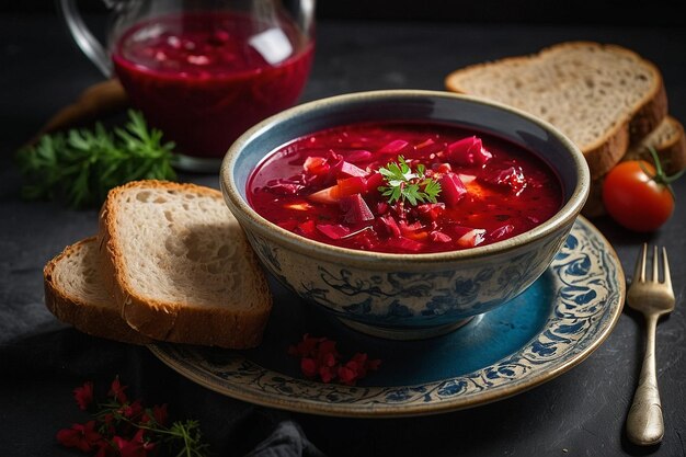 Un plato de borscht servido con una rebanada de pan oscuro