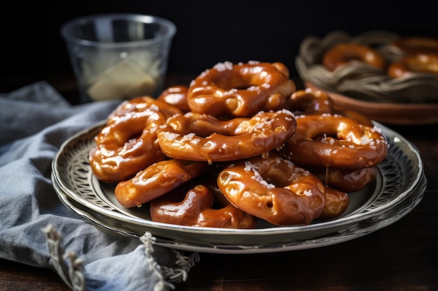 Un plato de brezels recién horneados empapados con caramelo dulce y pegajoso