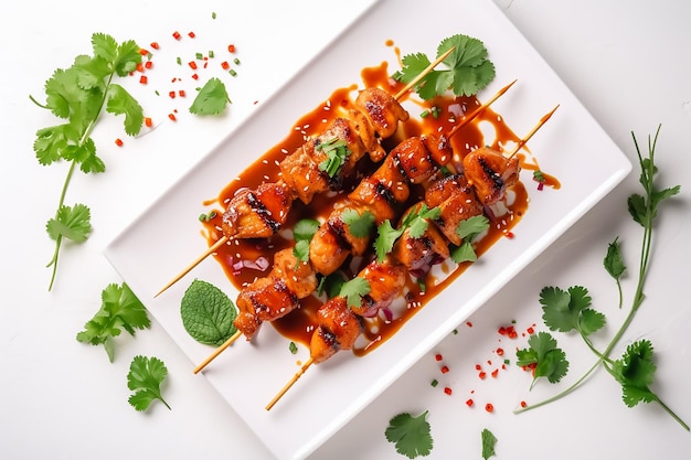 Un plato de brochetas de pollo a la barbacoa con salsa roja.