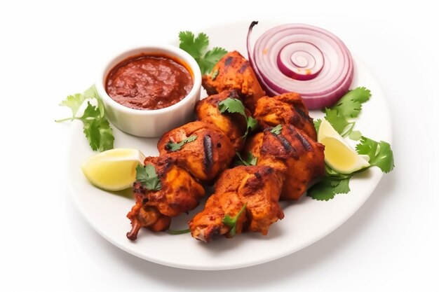 Un plato de brochetas de pollo con una guarnición de cebolla roja y gajos de lima.