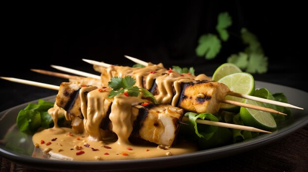 Un plato de brochetas de satay con salsa y limas