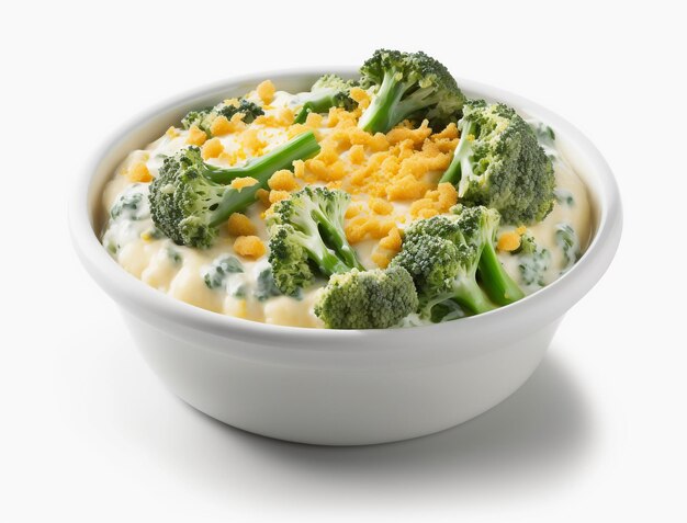 Un plato de brócoli y queso con un fondo blanco.