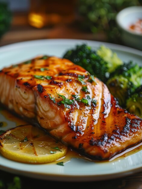 un plato de brócoli de salmón y cuñas de limón