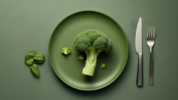 Un plato de brócoli se sienta en un plato verde al lado de un cuchillo y un tenedor