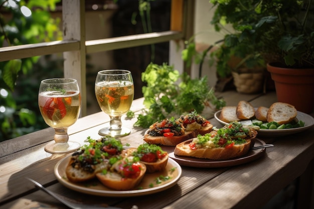 Plato de bruschetta de jardín exuberante y copas de vino en la mesa