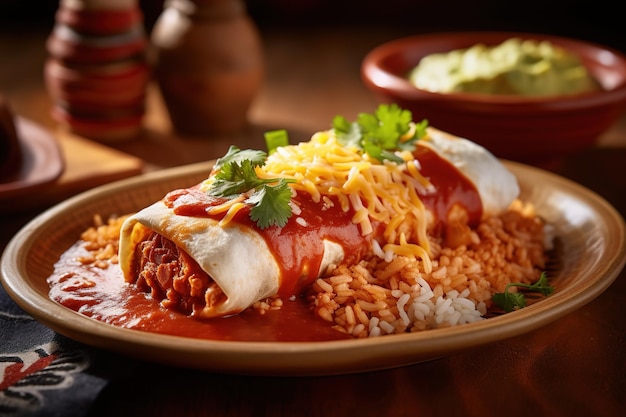 Un plato de burritos con arroz y queso al lado.