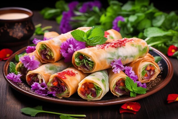 un plato de burritos con una flor púrpura en el fondo