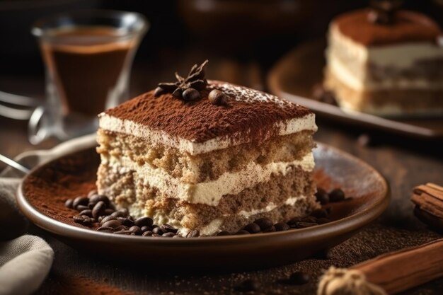 Un plato de café y pastel con granos de café al lado.