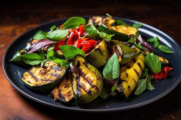 un plato de calabacín a la parrilla con verduras sobre una mesa de madera.