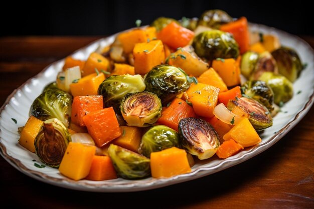 Plato de calabazas asadas y coles de Bruselas