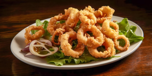 Plato de calamares fritos sobre una mesa de madera