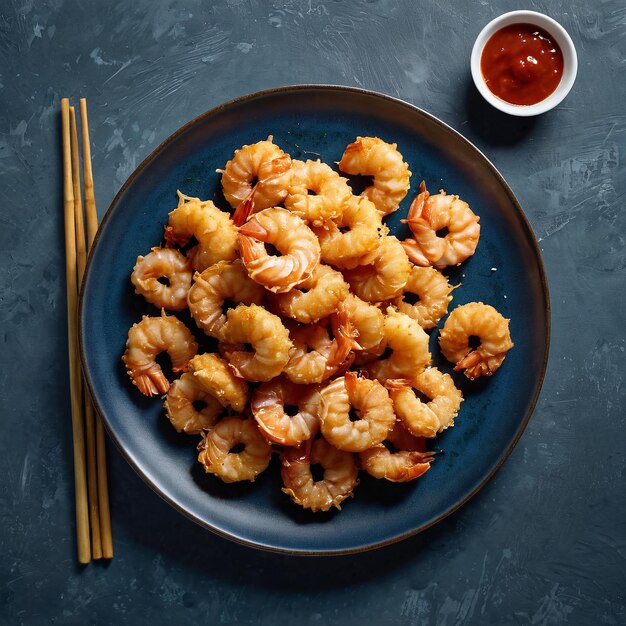 Foto un plato de camarón con palillos y palillos en una mesa