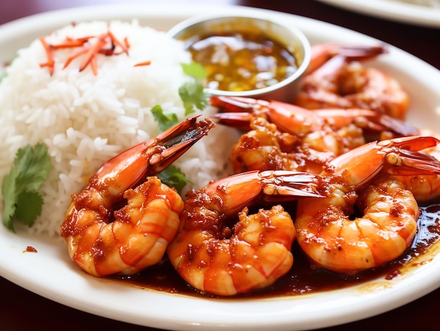 Un plato de camarón servido con un lado de arroz blanco dieta ceto