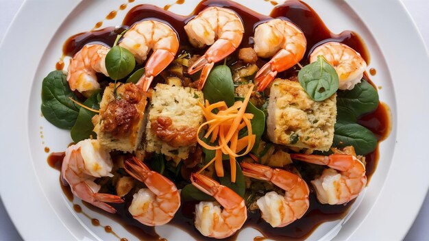 Plato de camarones adornado con salsa de pan relleno de espinaca y zanahoria triturada