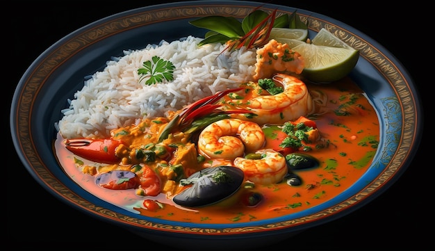 Un plato de camarones y arroz con limas al lado