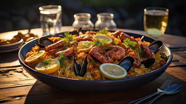 un plato de camarones con camarones y arroz sobre una mesa