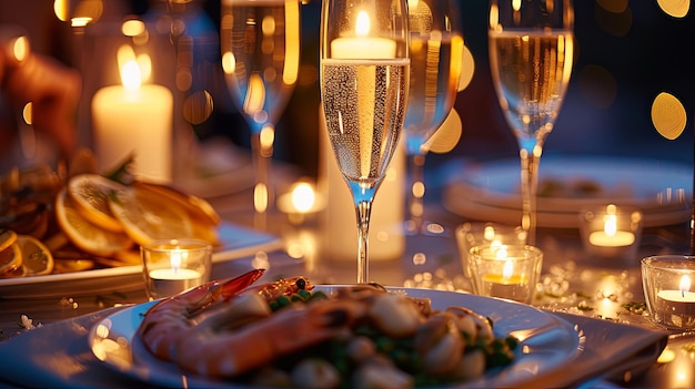 Plato de camarones y mariscos cena romántica vacaciones en la playa diseño de fondo de bandera