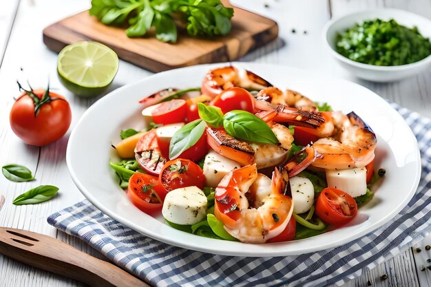 Un plato de camarones a la parrilla con tomates y albahaca