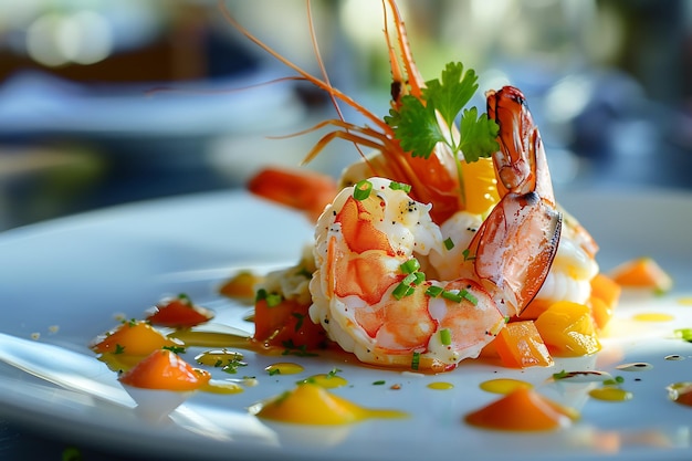 un plato de camarones con un pedazo de zanahoria y arroz