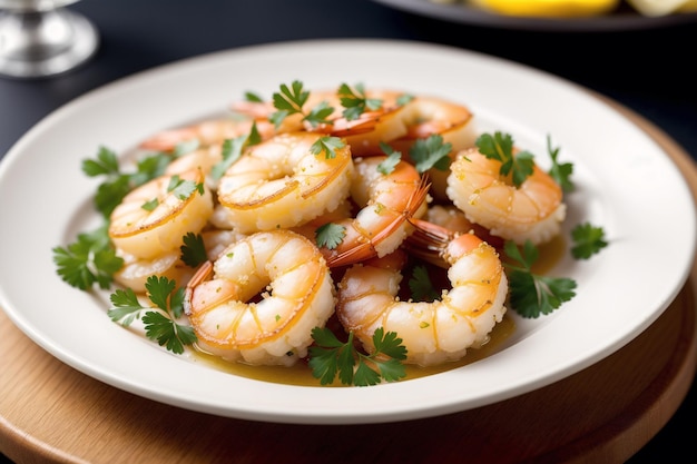 Un plato de camarones con perejil encima