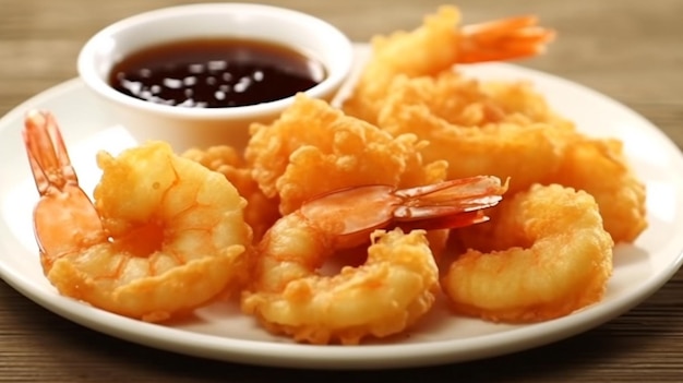 Un plato de camarones tempura crujientes con salsa para mojar