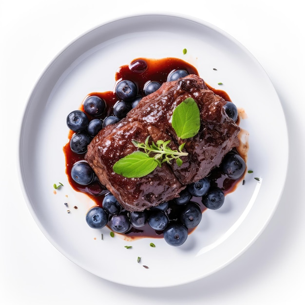 Plato canadiense de gruñido de arándanos salvajes en un plato sobre fondo blanco directamente encima de la vista