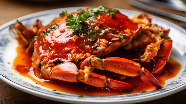 Foto plato de cangrejo hervido en salsa de tomate en un plato blanco ai generativo