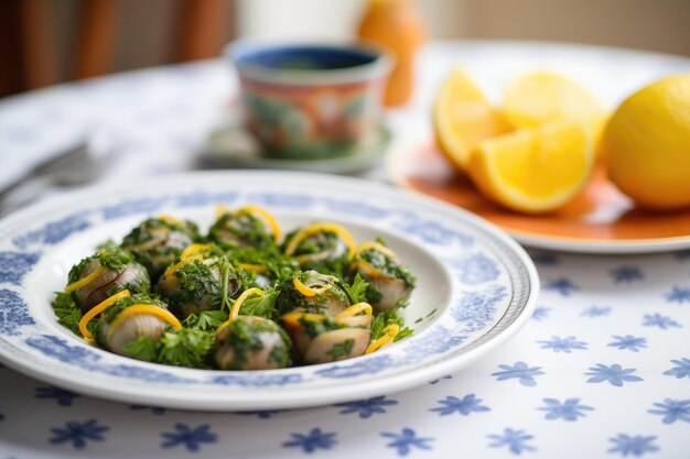 Foto plato de caracol con perejil y limón