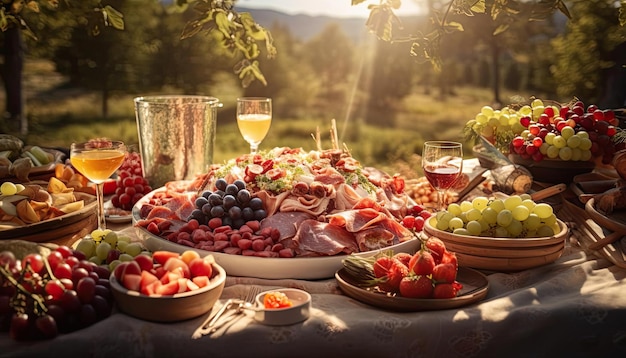 un plato cargado de carnes y frutas en un picnic al aire libre al estilo del panorama bokeh