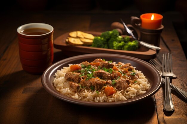 Plato de carne acompañado de arroz y verduras