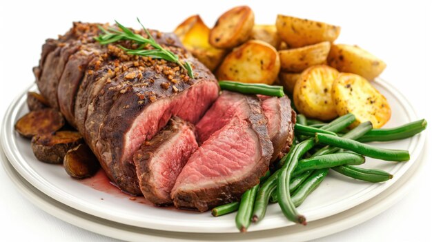 Plato de carne asada servido medio raro con patatas asadas y frijoles verdes