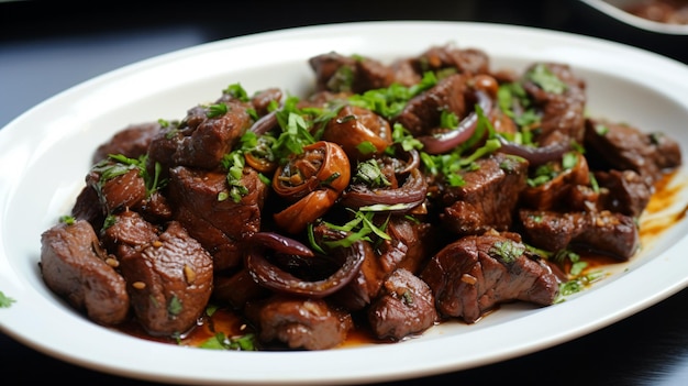 un plato de carne con champiñones y cebolla