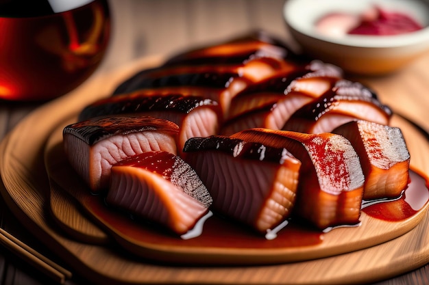 Un plato de carne china Char Siu con una copa de vino al lado