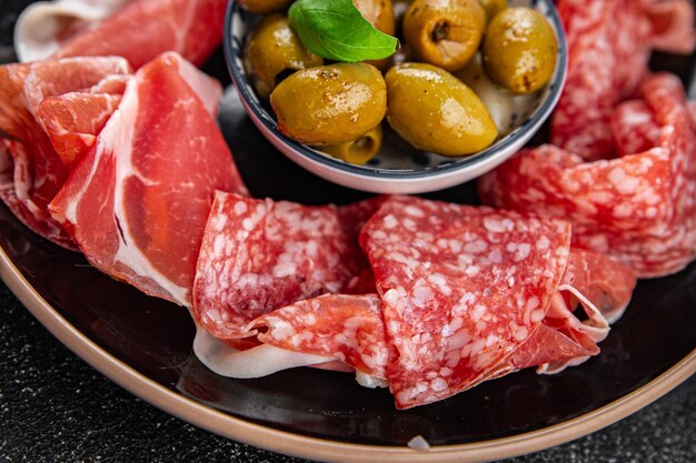 plato de carne diferentes tipos de carne salami prosciutto salchicha coppa comida natural fresco aperitivo comida comida bocadillo en la mesa copia espacio comida fondo rústico vista superior