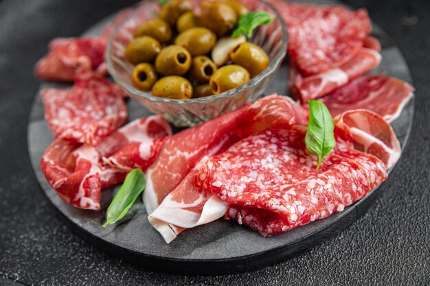 plato de carne diferentes tipos de carne salami prosciutto salchicha coppa comida natural fresco aperitivo comida comida bocadillo en la mesa copia espacio comida fondo rústico vista superior