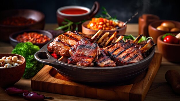 Foto un plato de carne con frijoles y salsas.