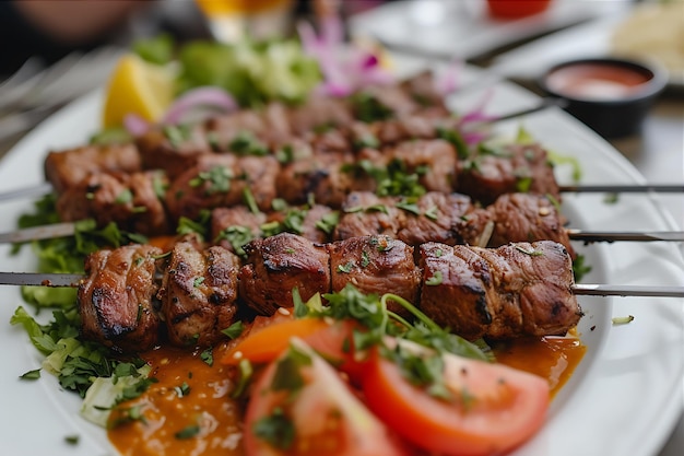 Plato de carne Kebabs ensalada y salsa capturado en el restaurante