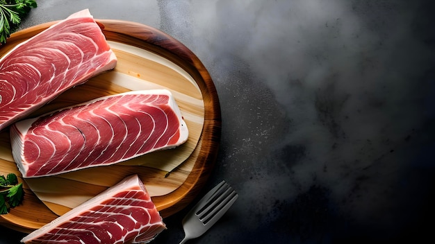 Un plato de carne en una mesa con un tenedor.