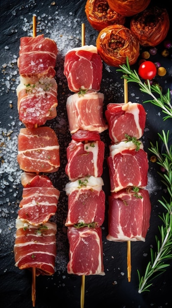 Un plato de carne en un palo con una ramita de romero.