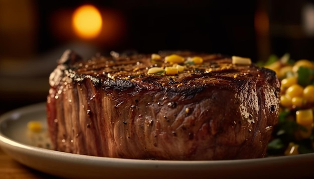 Plato de carne a la parrilla cocinado a la perfección generado por IA