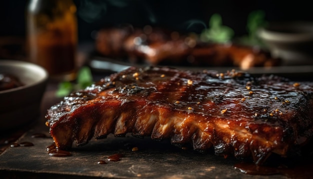 Plato de carne a la parrilla con salsa barbacoa salada generado por IA