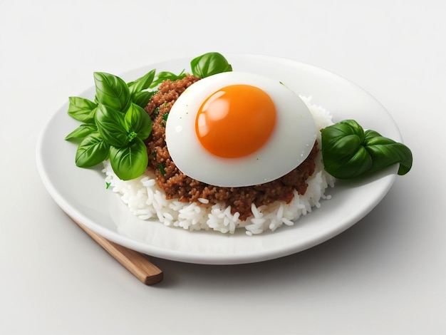 Foto plato de carne picada macaense con patatas y arroz con huevo frito encima