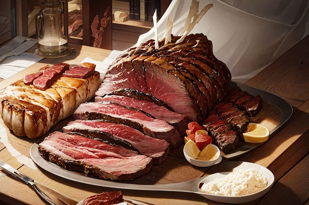 Un plato de carne y queso con una guarnición de carne.