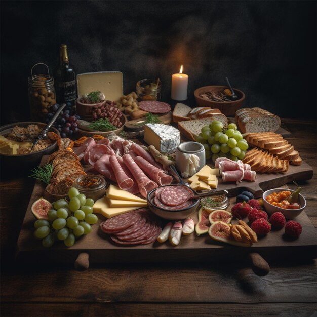 Plato de carne y queso en madera oscura