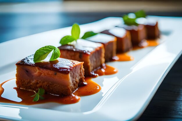 Foto un plato de carne y salsa con hojas verdes en él