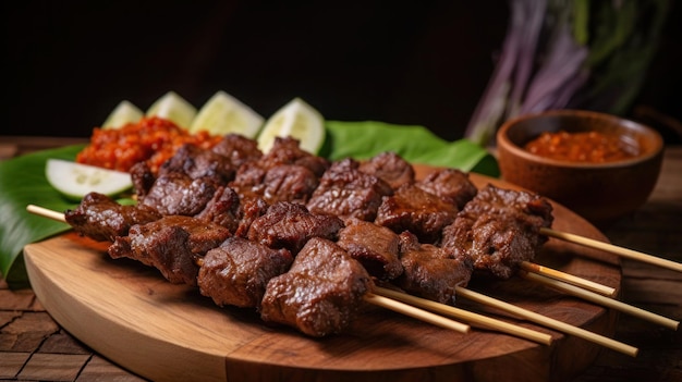 Un plato de carne sobre una tabla de madera con una guarnición de salsa y un bol de salsa.