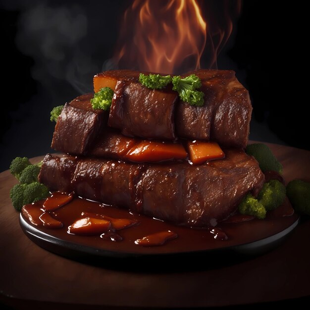 un plato de carne y verduras con fuego detrás.